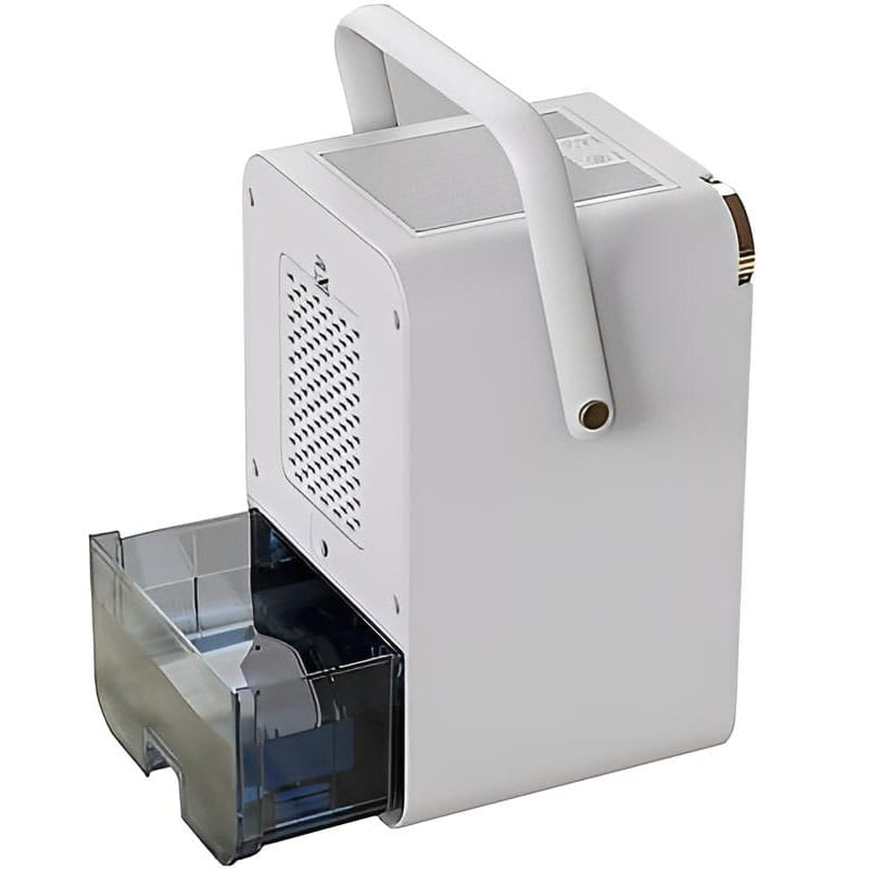 Weisser Luftentfeuchter von hinten mit Wasserbehälter