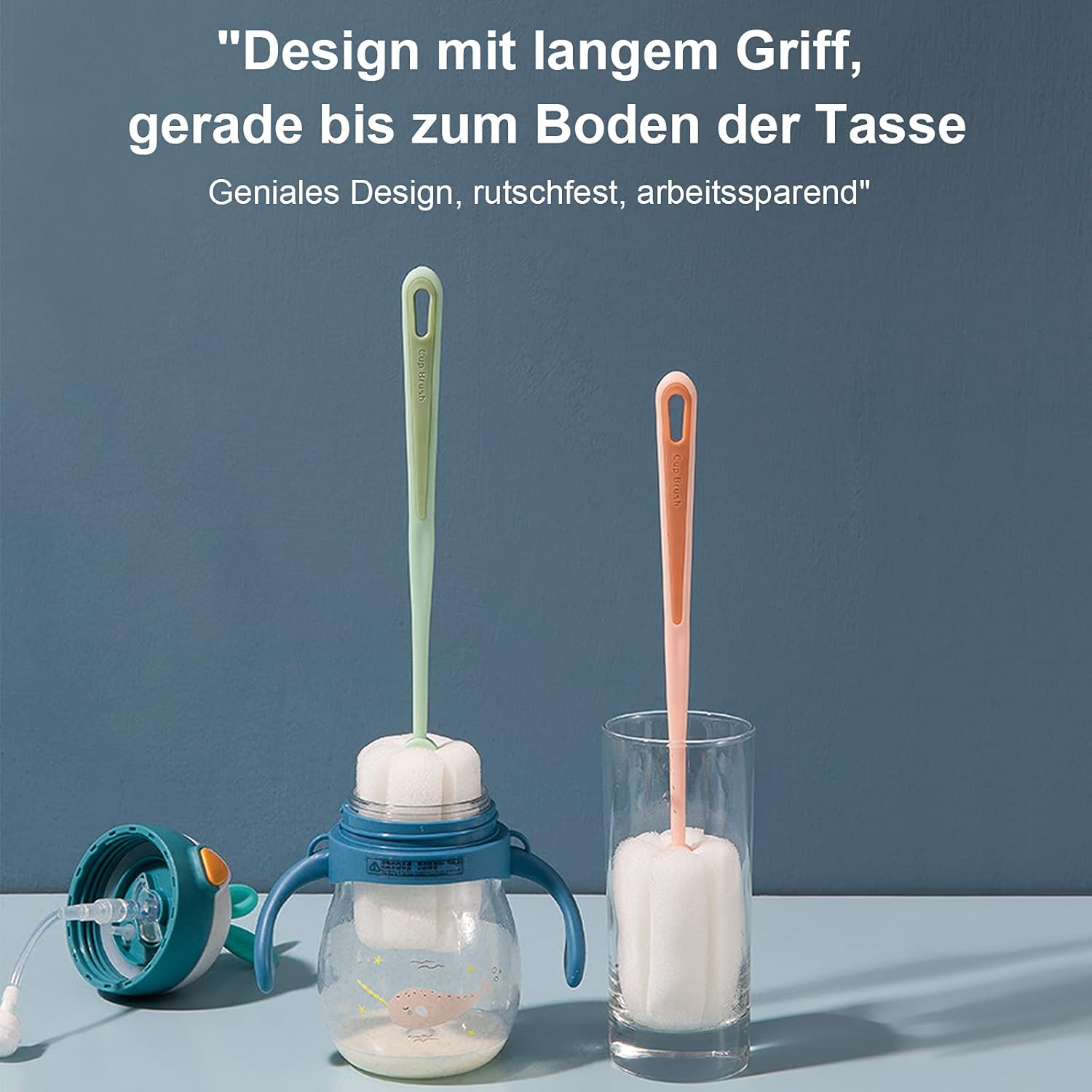 Weisse Flaschenbürsten mit grünem und orangenem Griff mit Produktdetails