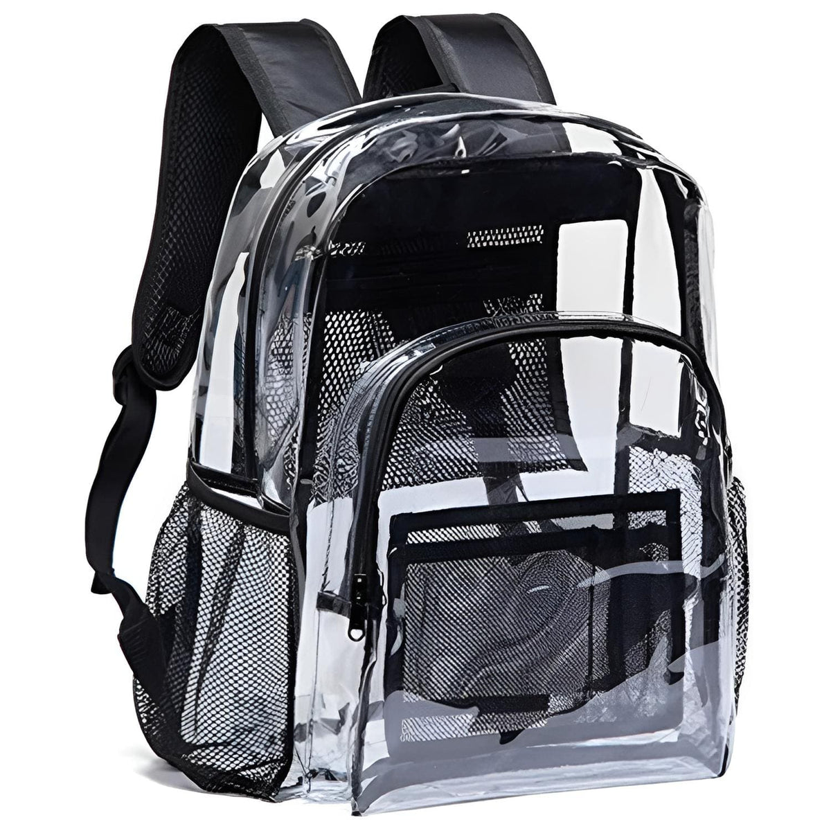 Transparenter Rucksack mit schwarzen Reissverschlüssen
