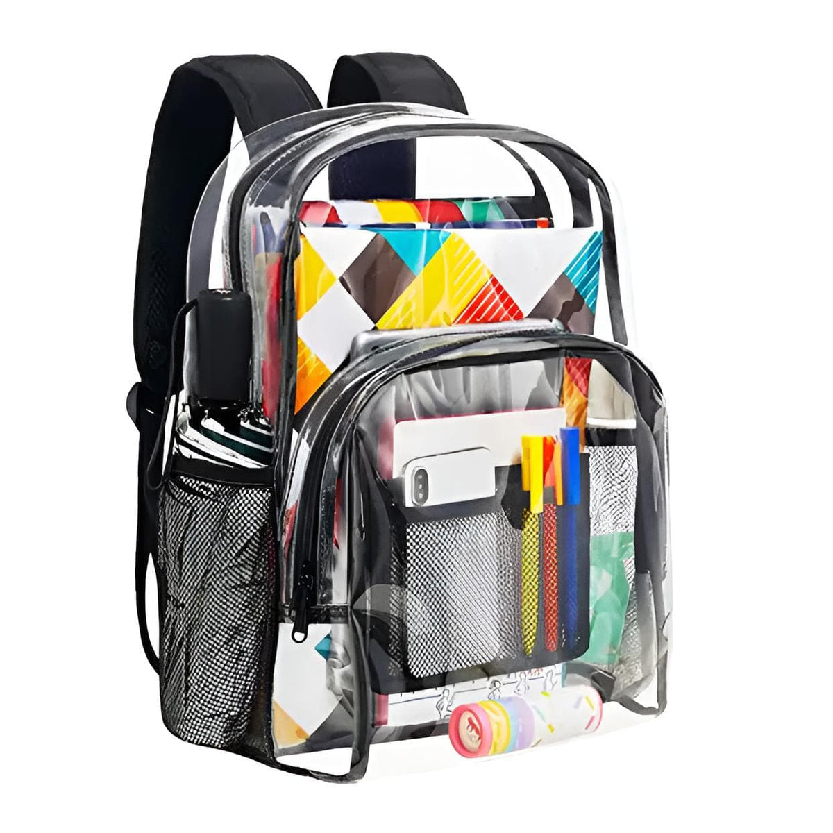 Transparenter Rucksack mit schwarzen Reissverschlüssen und Beispielsinhalt