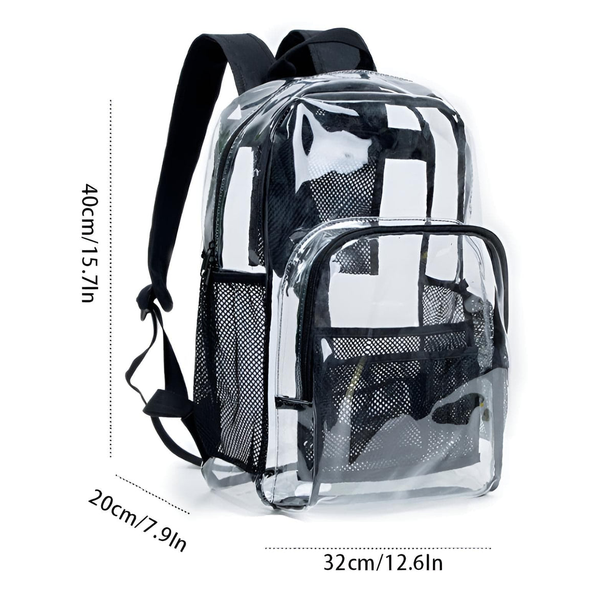 Transparenter Rucksack mit schwarzen Reissverschlüssen mit seinen Massen