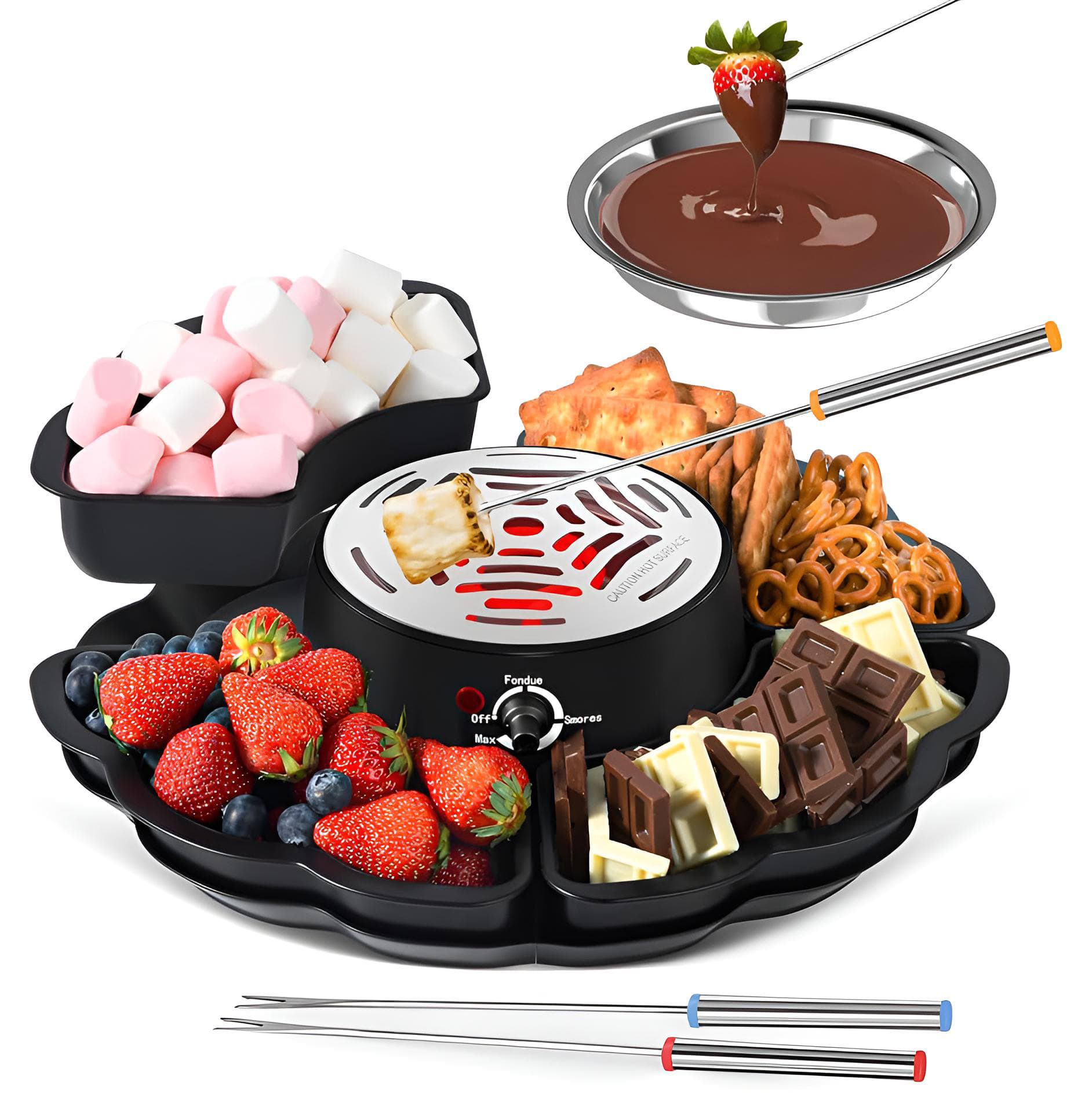 Elektrischer Tischgrill in einem Anwendungsbeispiel mit Marshmallows, Beeren, Schokolade und Bretzeln