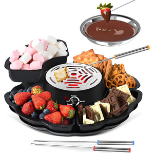 Elektrischer Tischgrill in einem Anwendungsbeispiel mit Marshmallows, Beeren, Schokolade und Bretzeln