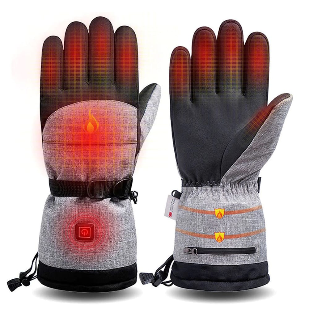 Grau-schwarze, beheizbare Handschuhe von vorne und hinten mit den Beheizten Stellen markiert