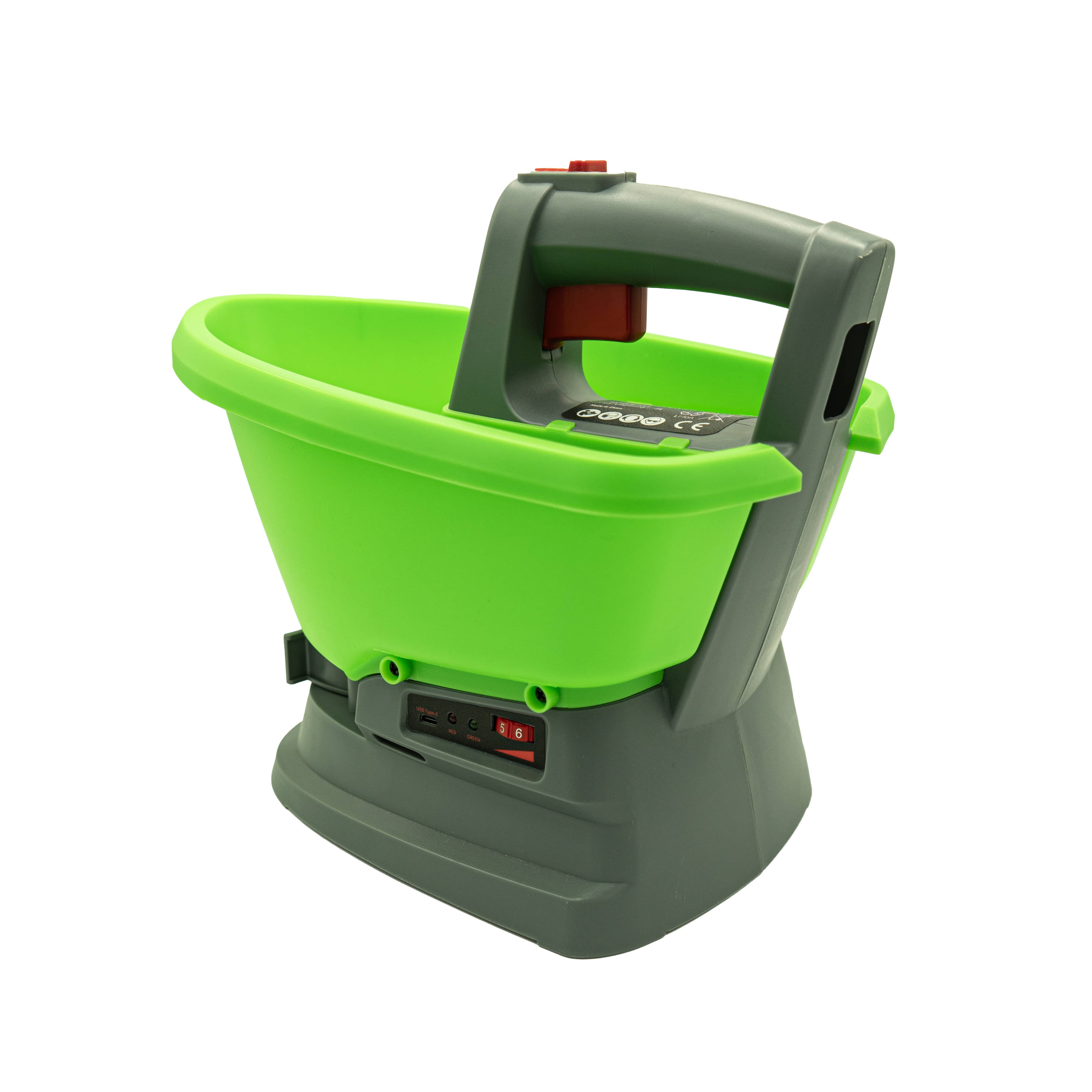 Grüner Universal-Streuer mit grauem Griff von hinten