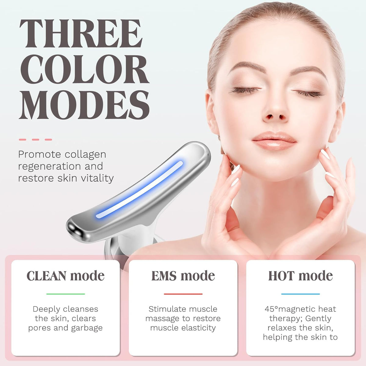 Weisses Gesichtsmassage Gerät mit Produktbeschreibung