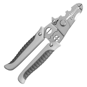 Silberne Crimp- und Abisolierzange mit grauen Gummigriffen