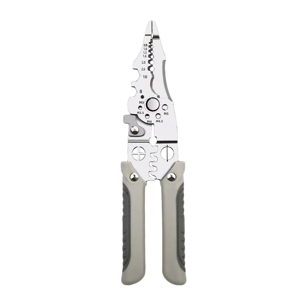 Silberne Crimp- und Abisolierzange mit garuen Gummi Griffen von vorne