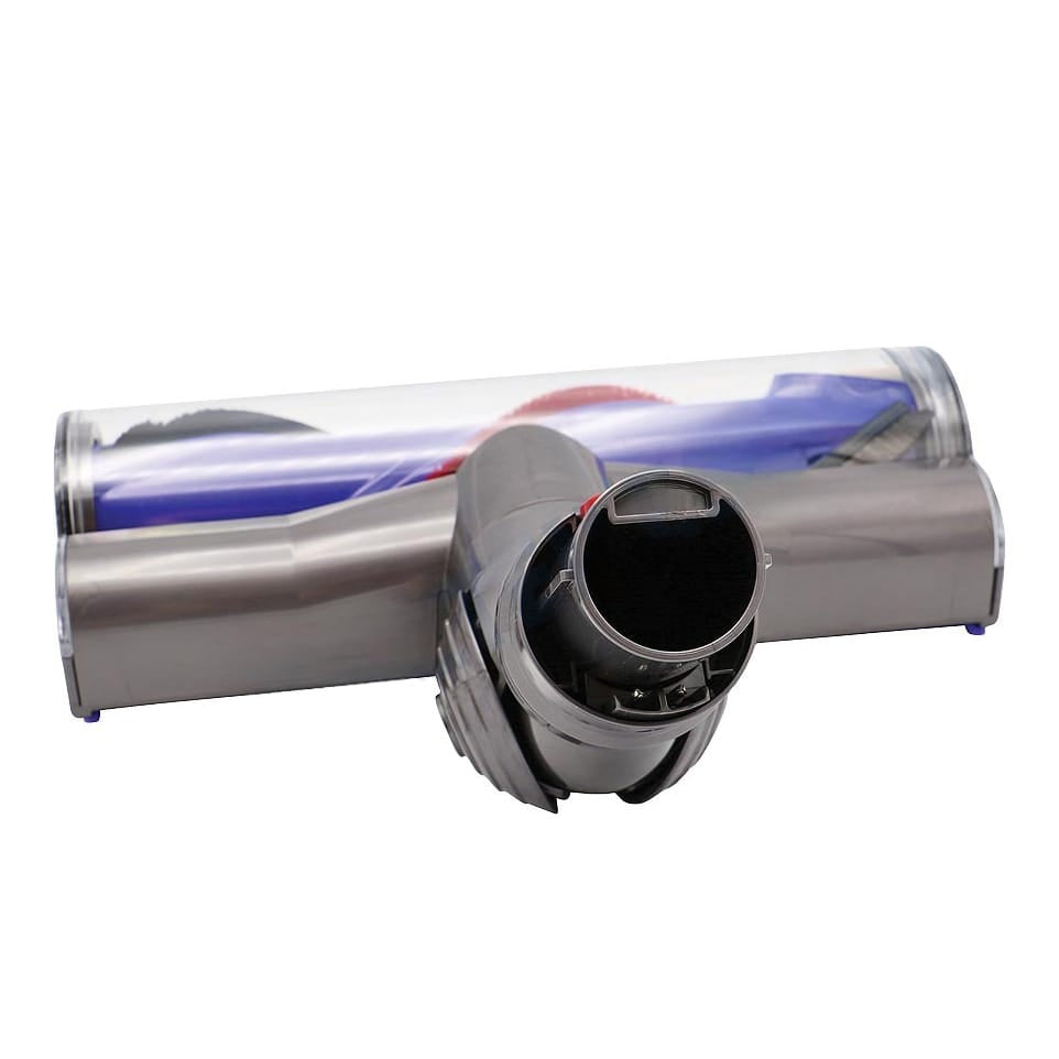 Transparenter, grauer Motorkopf für Dyson-Staubsauger mit lila Bürste von oben