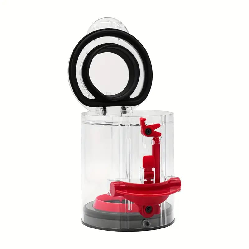 Transparenter, aufgeklappter Dyson-Staubsauger Behälter mit roten Details