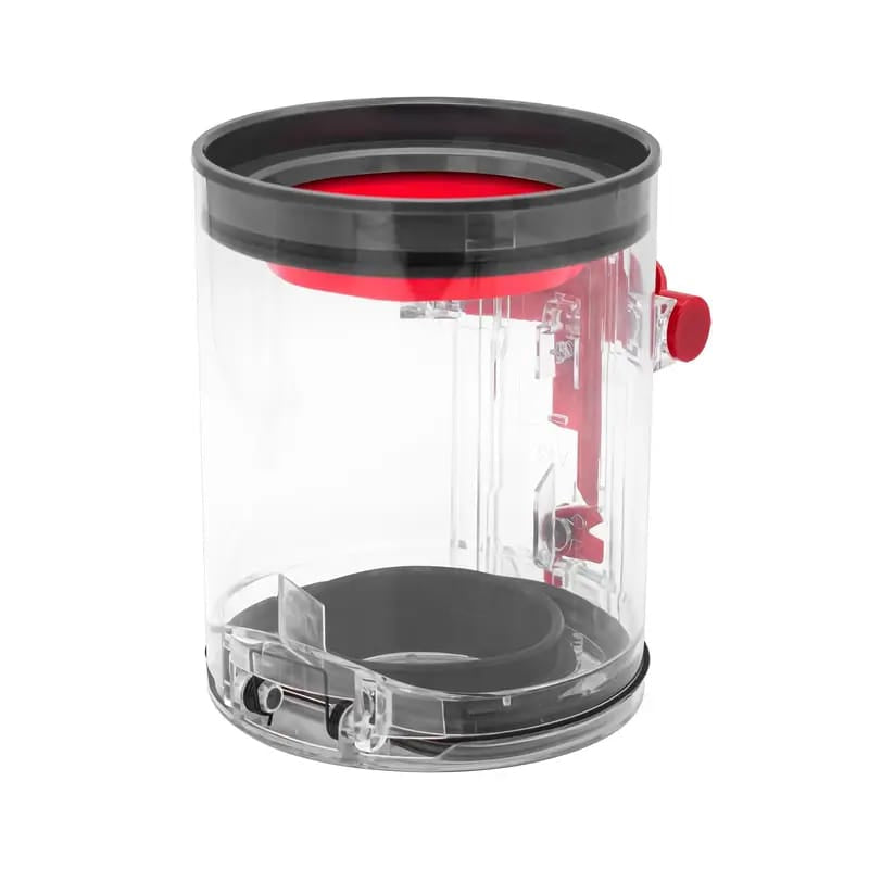 Transparenter Dyson-Staubsauger Behälter mit roten Details von vorne
