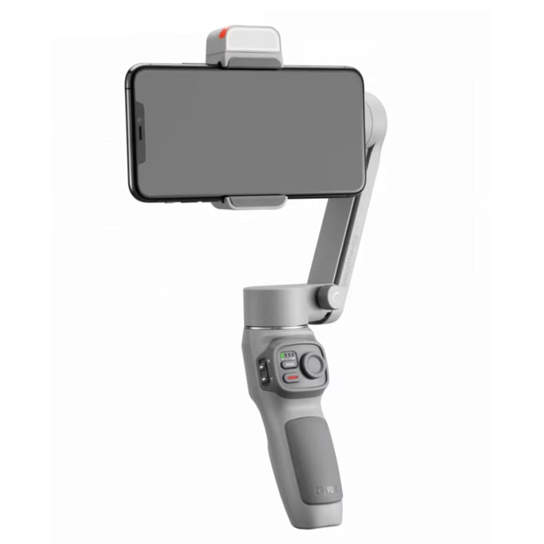 Grauer Selfiestick mit Ständer eingeklappt von der Seite