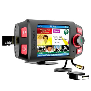 Schwarzes Autoradio mit USB-A, 3.5mm Aux Anschluss, einer 16GB SD-Karte und roten Knöpfen in einem Anwendungsbeispiel mit Pop-Musik