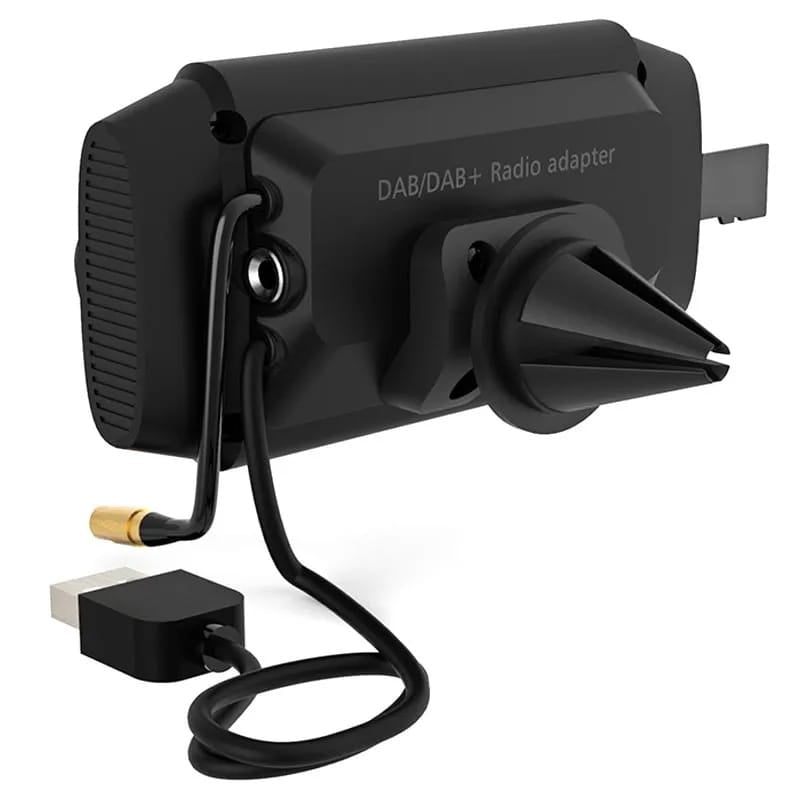 Schwarzes Autoradio mit USB-A und 3.5mm Aux Anschluss, von hinten und mit anderem Ständer