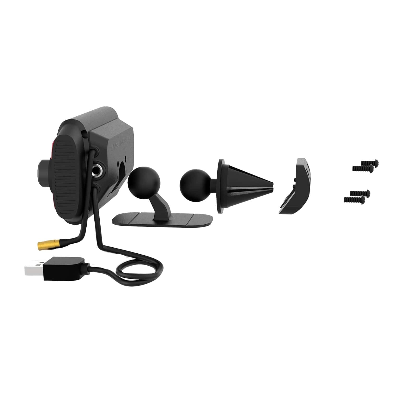 Schwarzes Autoradio mit USB-A, 3.5mm Aux Anschluss und allen Zugehörigen Teilen