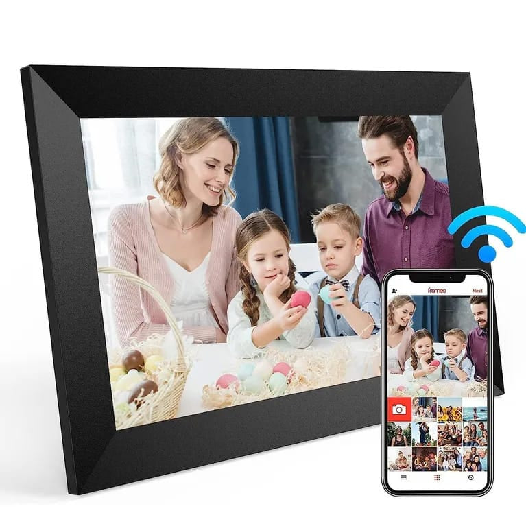 Schwarzer digitaler Bilderrahmen mit Anleitung zum Ändern des Fotos