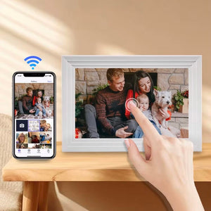 Weisser digitaler Bilderrahmen mit Anleitung zum Ändern des Fotos
