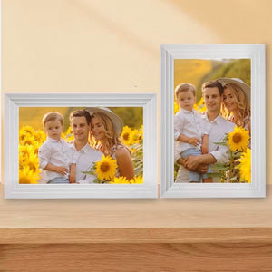 Weisser digitaler Bilderrahmen mit Fotobeispiel im Quer und Hochformat