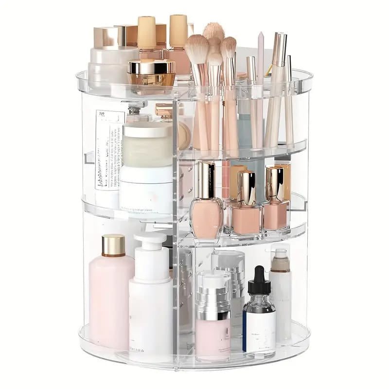 Transparenter, drehbarer Make-Up Organizer in einem Anwendungsbeispiel mit verschiedenen Produkten