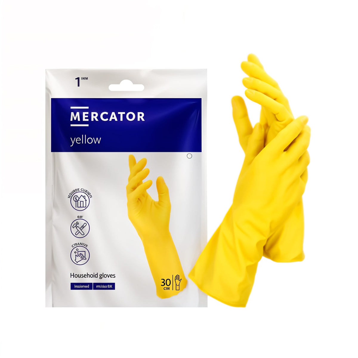 Gelbe Gummihandschuhe mit weissem Plastikbeutel