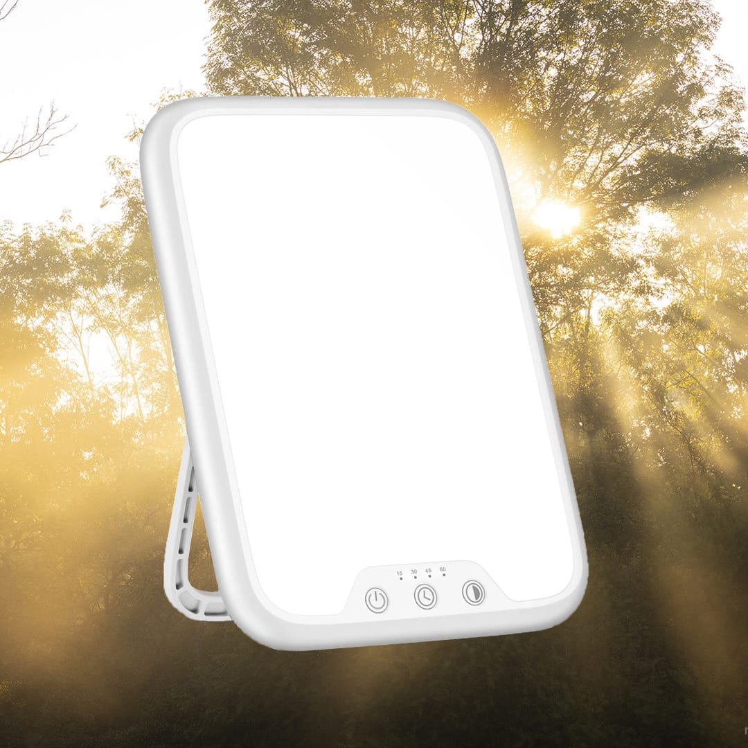 Weisse, aufstellbare Tageslicht Lampe mit Natur im Hintergrund