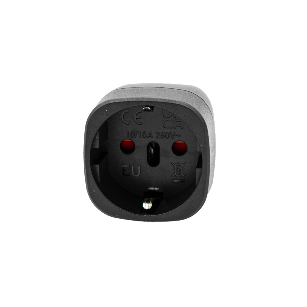 Schwarzer Steckdosen Adapter CH zu IT mit CH-Stecker im Vordergrund