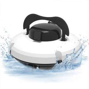 Weiss-schwarzer Poolroboter der gerade ins Wasser fällt