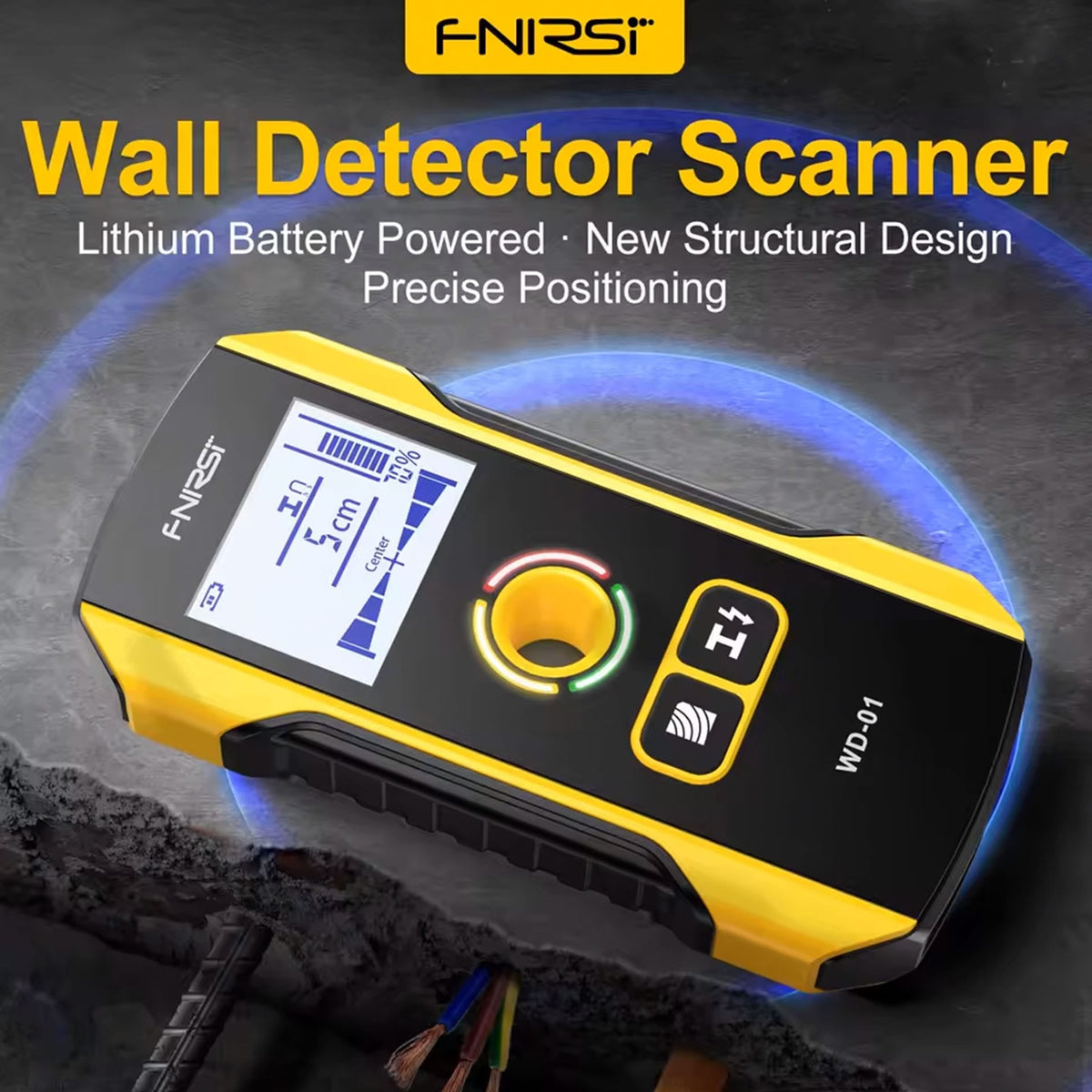Schwarz-gelber Wanddetektor mit digitalem Bildschirm und Produktdetails