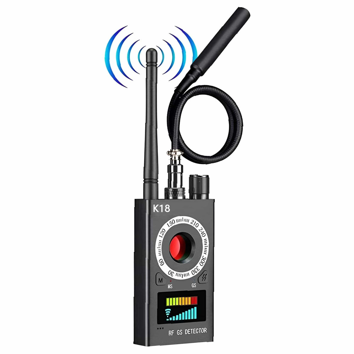 Schwarzes RF-Wanzendetektor-Gerät mit Antenne und Anzeige, das Signale zur Abhörgerätesuche misst