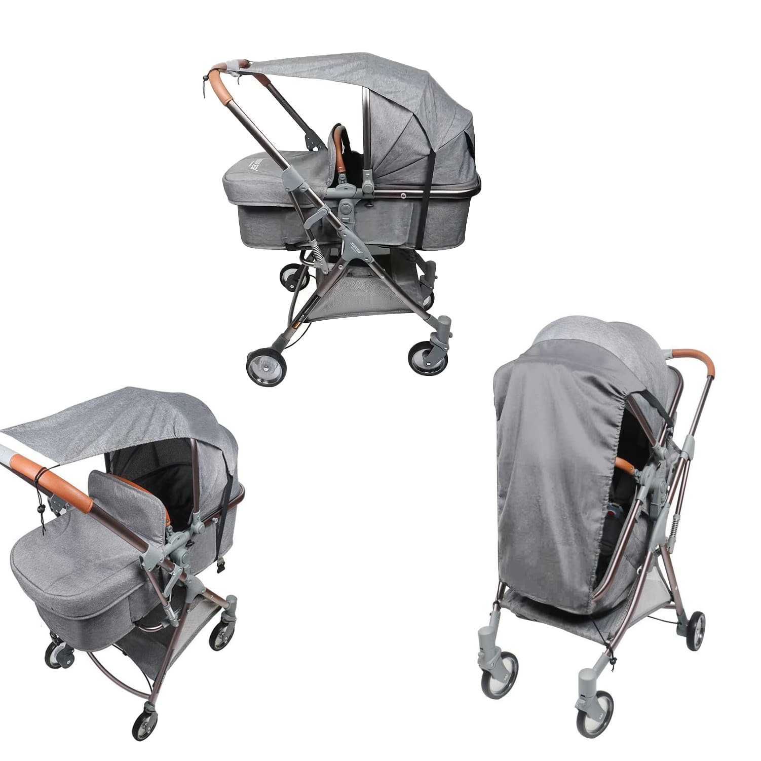 Graue Sonnensegel in einem Anwendungsbeispiel an einem grauen Kinderwagen von drei verschiedenen Perspektiven