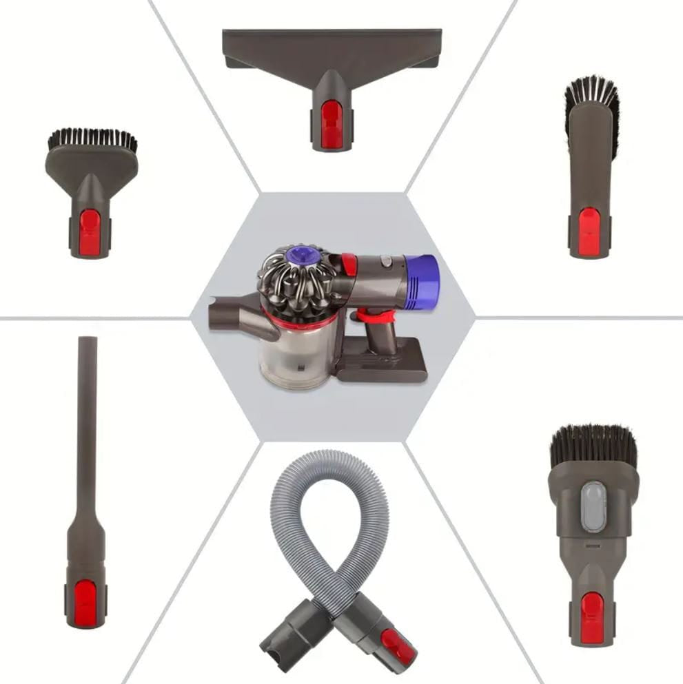 Zubehör-Set für Dyson-Staubsauger bestehend aus drei Bürsten, einem Rohr, einer breiten Polsterdüse und einer Fugendüse mit dem Dyson-Staubsauger in der Mitte