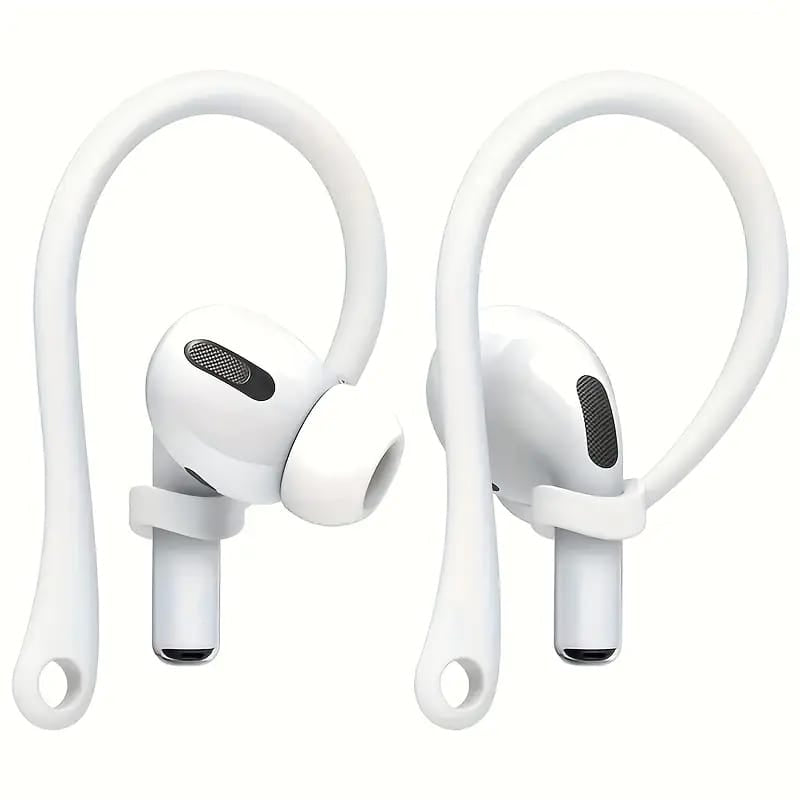 Weisse Silikon Ohrbügel in einem Anwendungsbeispiel an Airpods