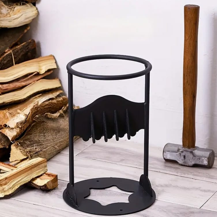 Schwarzer, runder Holzspalter mit Holzstapel und Hammer im Hintergrund