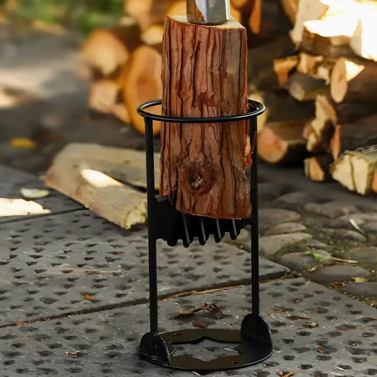 Schwarzer, runder Holzspalter in einem Anwendungsbeispiel mit einem Stück Holz und einem Hammer