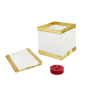 Weiss-goldene, zusammenfaltbare Laterne mit kleiner roter Kerze