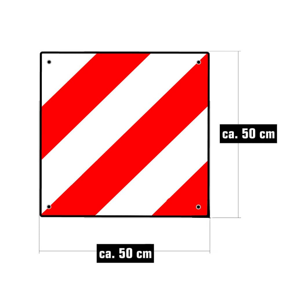 Rot-weiss gestreifte Warntafel mit den Massen (50cm mal 50xm)