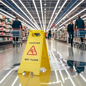 Gelbes, klappbares Warnschild in einem Anwendungsbeispiel in einem Supermarkt