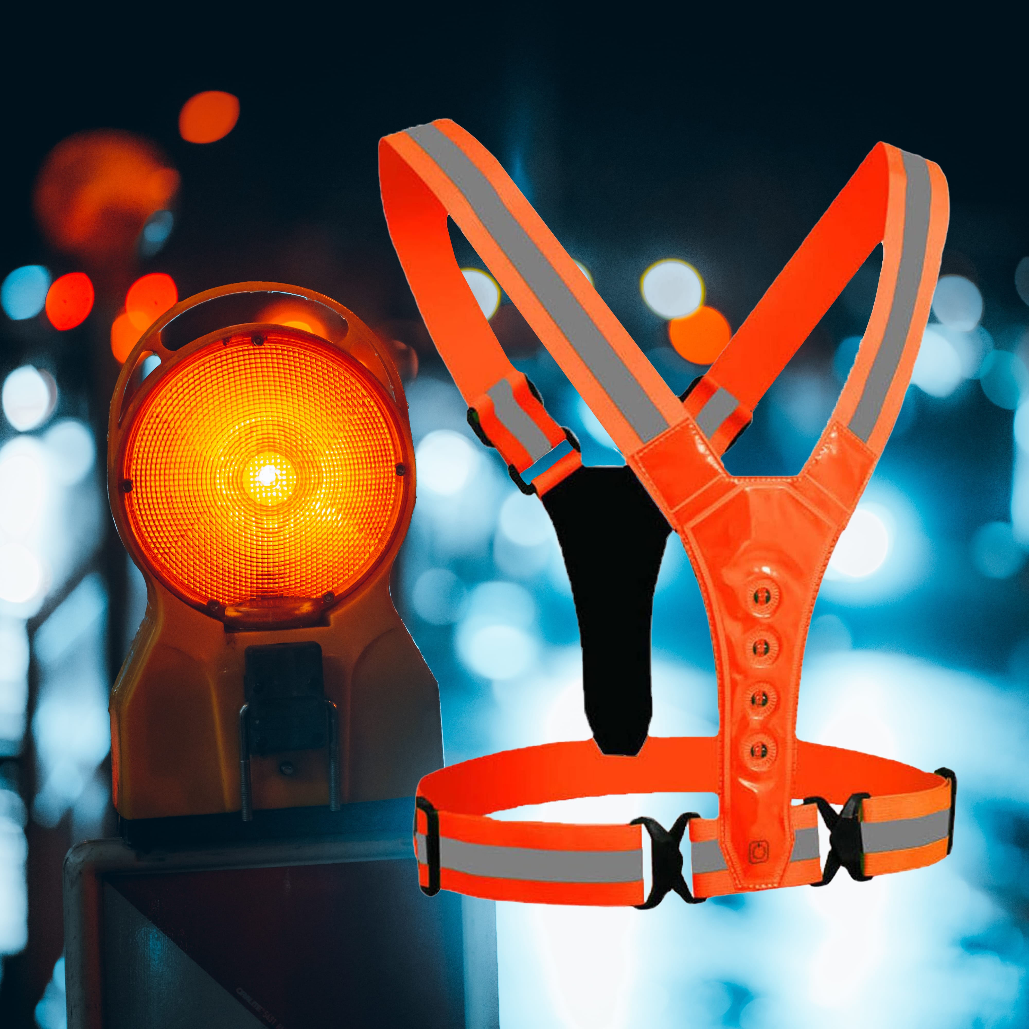Orangene, reflektierende Weste mit Baustelllampe im Hintergrund