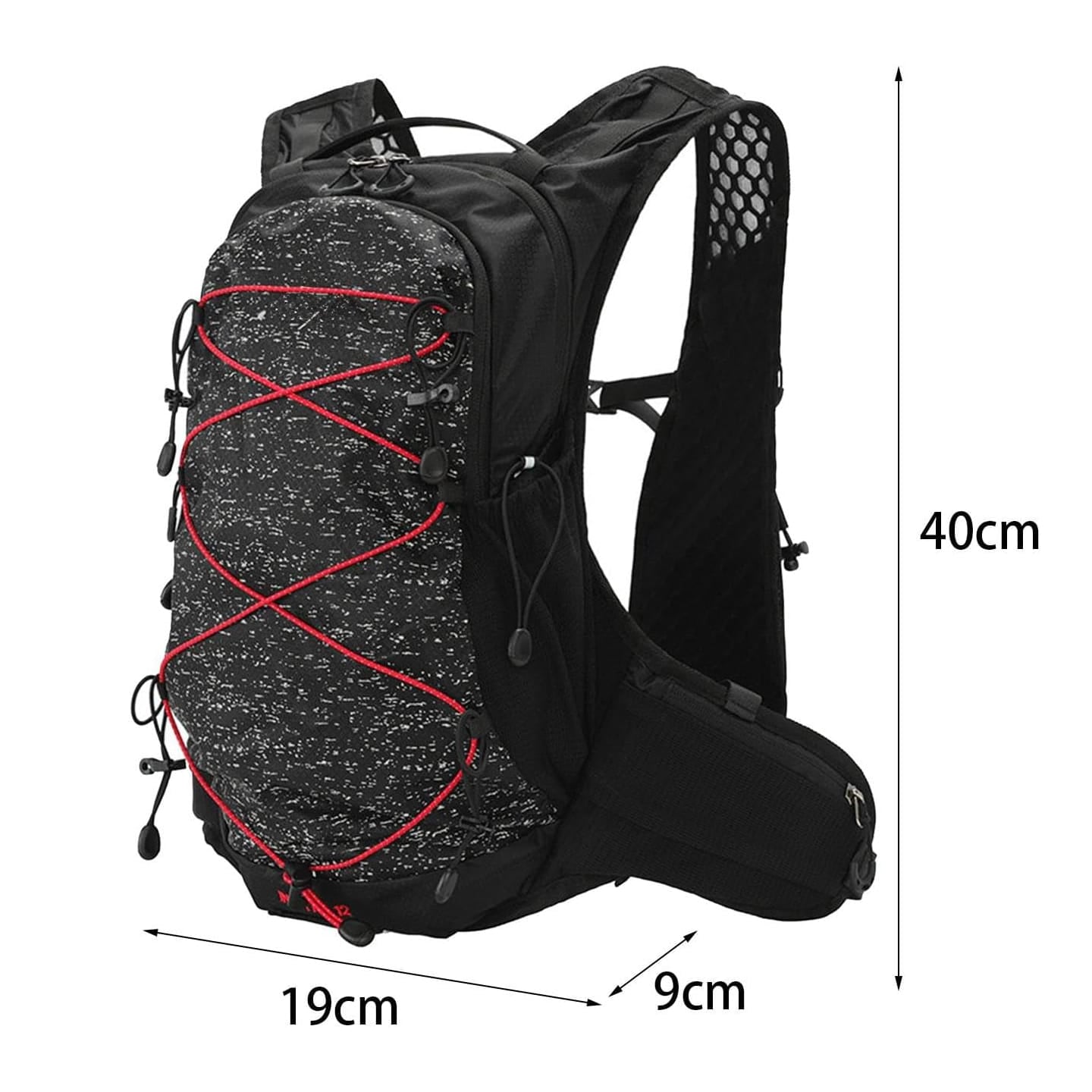 Schwarzer Rucksack mit roten Details und den Massen