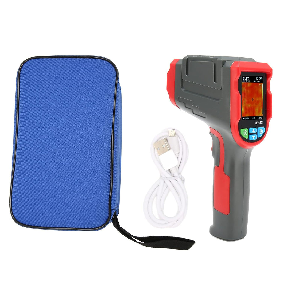 Grau-rote Wärmebildkamera mit blauen und grünen Knöpfen, einem blauen Etui und einem Ladekabel