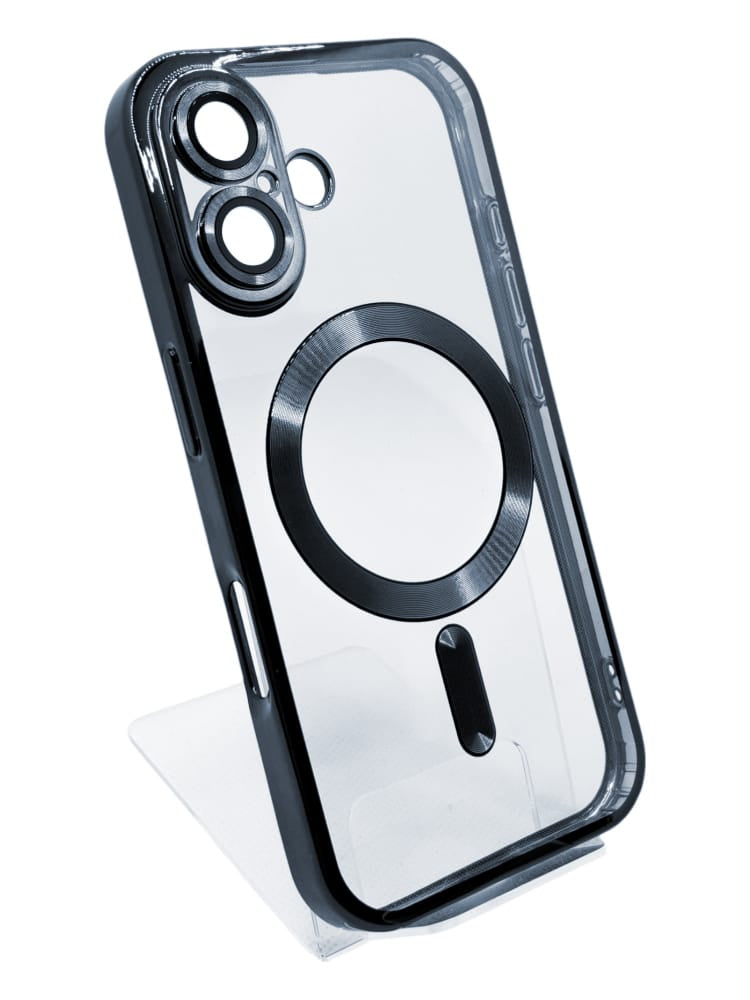 Transparente iPhone-Hülle mit schwarzer Umrandung für das iPhone 16 Plus auf transparentem Ständer aufgestellt Senkrecht