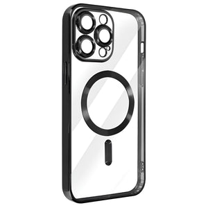 Transparente iPhone-Hülle von der Seite mit schwarzer Umrandung für das iPhone 16 Pro Max