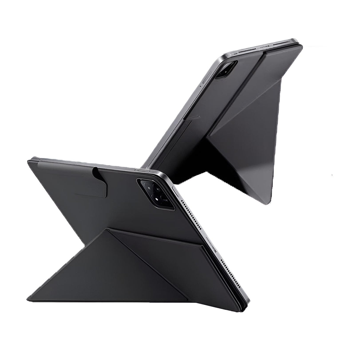 Schwarze, aufstellbare iPad-Hülle in zwei Anwendungsbeispielen
