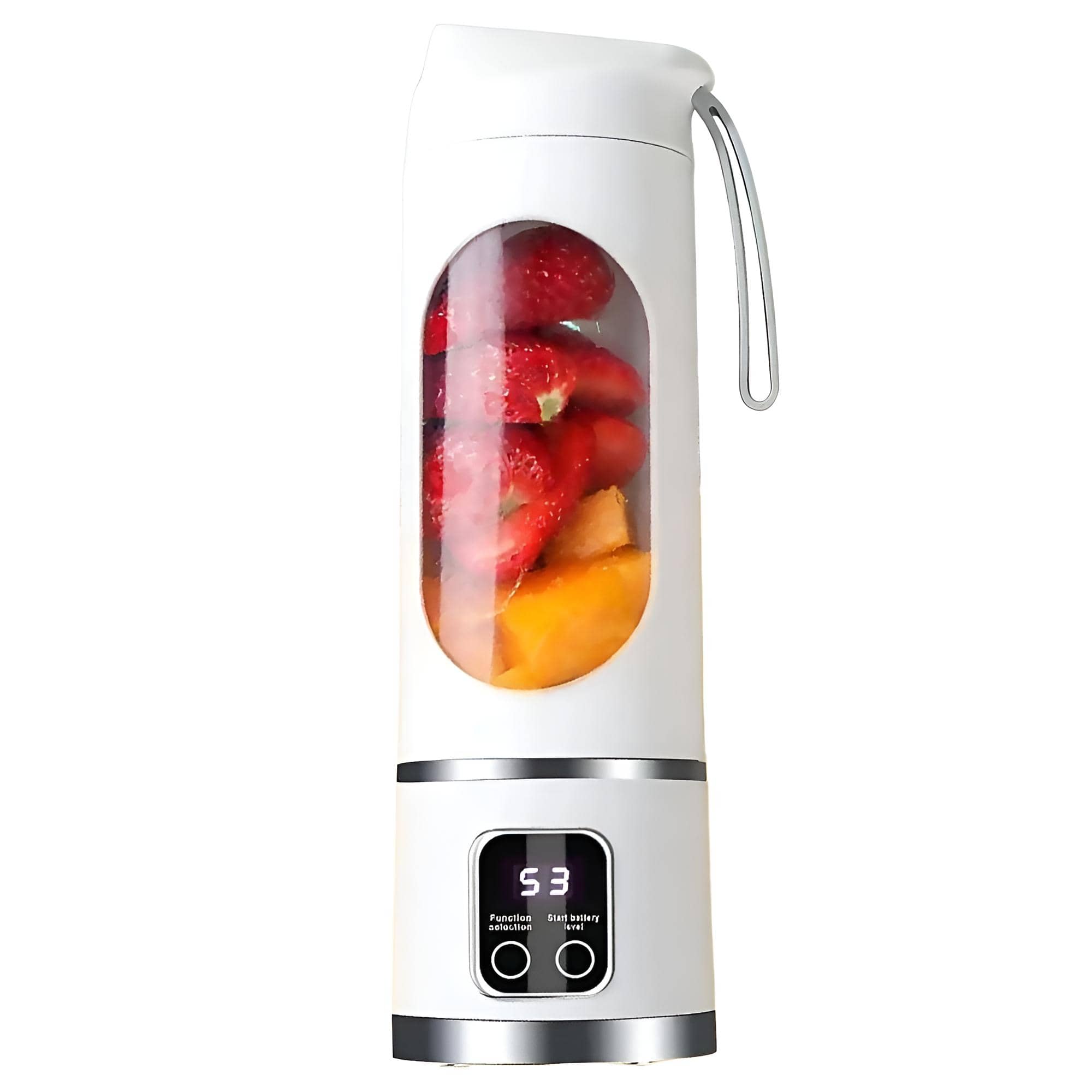 Tragbarer, weisser Smoothie-Maker mit transparenter Vorderseite, digital Bildschirm und Früchten im Behälter