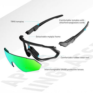 Grüne Sport-Sonnenbrille mit schwarzem Gestell in Einzelteilen