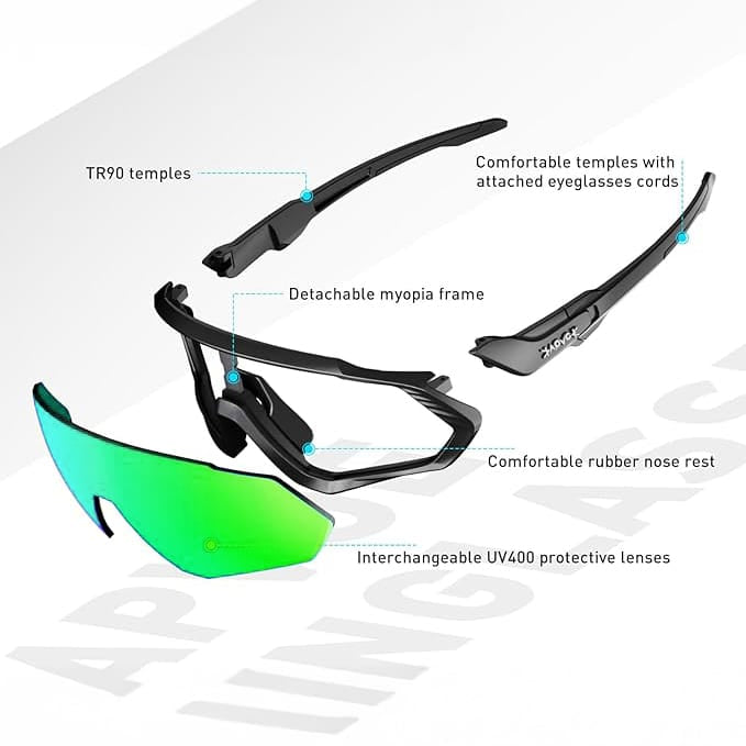 Grüne Sport-Sonnenbrille mit schwarzem Gestell in Einzelteilen