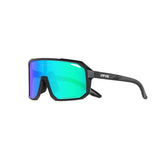 Blau-grüne Sport-Sonnenbrille mit schwarzem Gestell