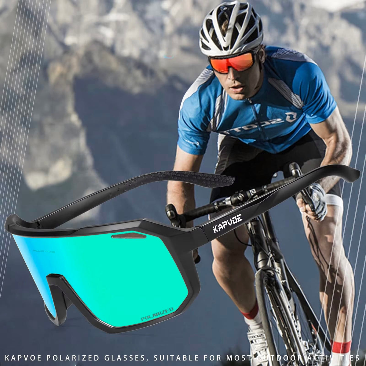 Blaue Sport-Sonnenbrille mit Anwendungsbeispiel
