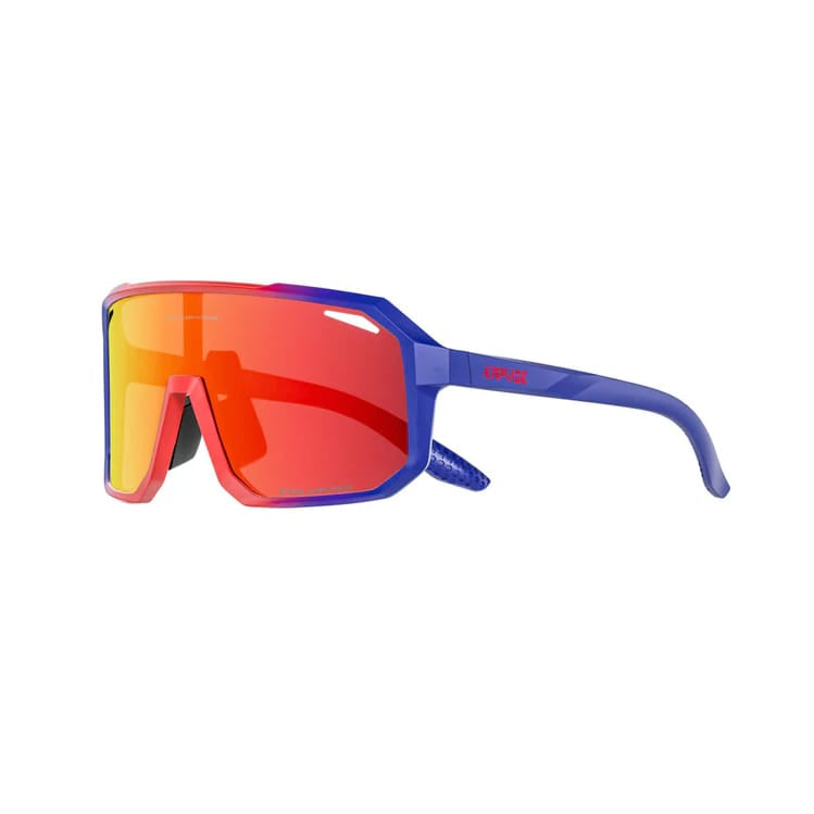 Gelb-rote Sport-Sonnenbrille mit lila Gestell