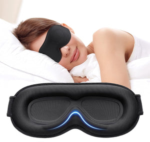 Gepolsterte, schwarze Schlafmaske mit Anwendungsbeispiel